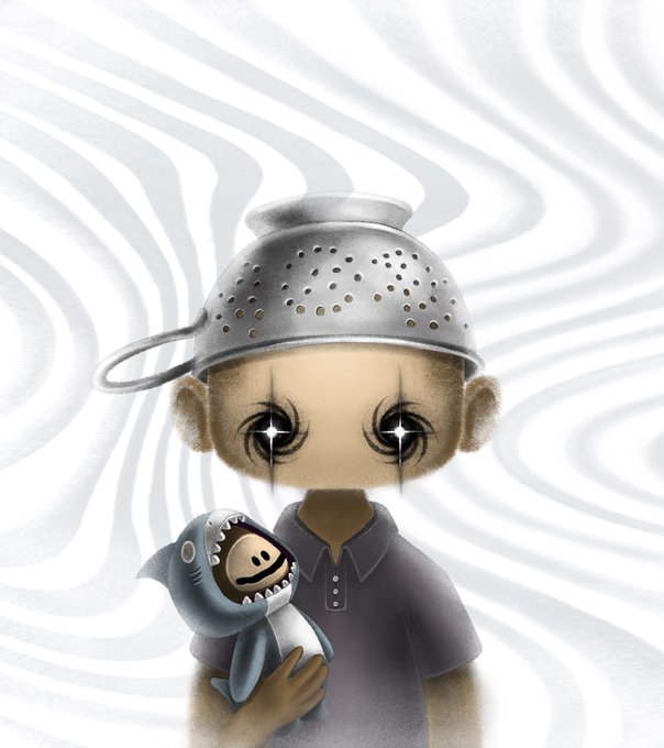 A character wearing a colander as a hat with large tearful, sparkling eyes holds a shark plushie, set against a swirling white background—visually conveying the heartfelt gratitude and emotional appreciation expressed in the message about supporting PYO holders.