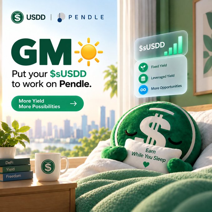 A promotional graphic for USDD and Pendle featuring a sleeping green dollar-sign pillow mascot with the text 'Earn While You Sleep,' offering 'More Yield More Possibilities' through Fixed Yield, Leveraged Yield, and other DeFi opportunities.