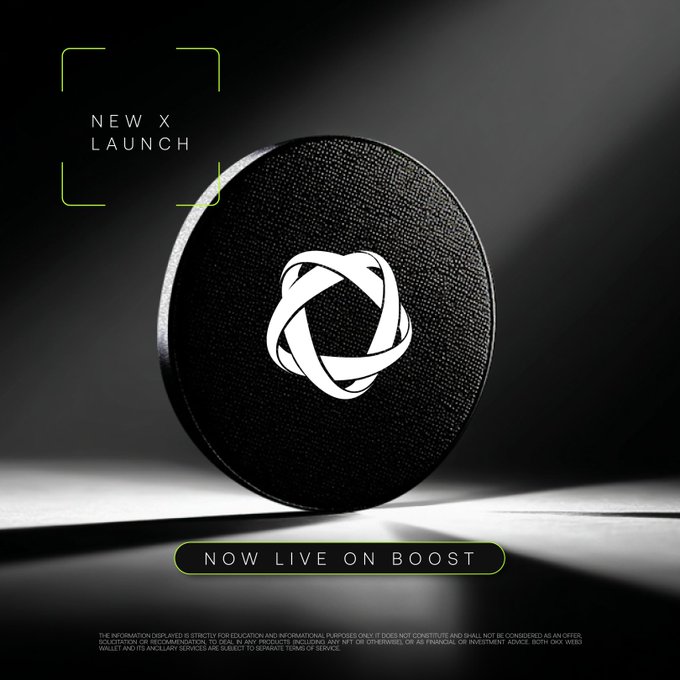 A promotional graphic for a 'NEW X LAUNCH' featuring a black circular token with a white interlocking symbol, advertising that it is 'NOW LIVE ON BOOST' with educational disclaimer text at the bottom.