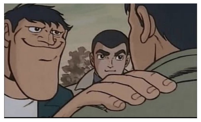A close-up animated scene shows a smirking man on the left, another character in the middle, and the back of a third person's head on the right.