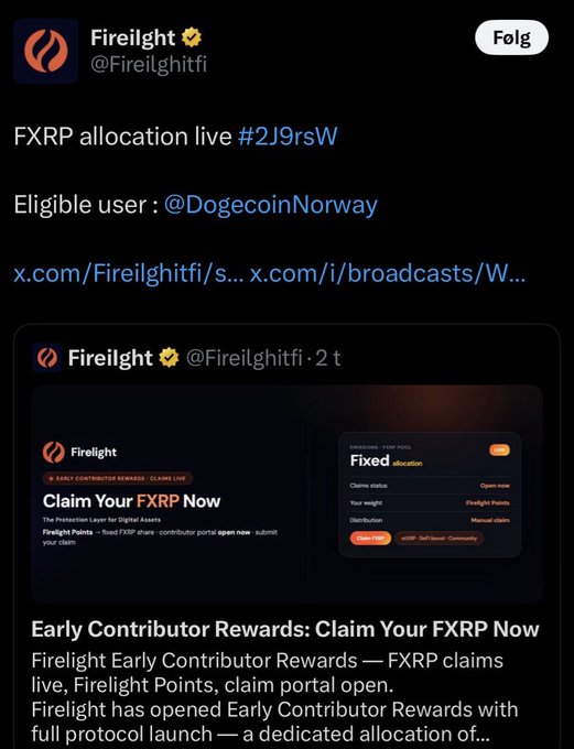 A tweet from Firelight (@Firelightfi) with verified checkmark announcing 'FXRP allocation live #2J9rsW' for eligible user @DogecoinNorway, promoting Early Contributor Rewards and FXRP claims with a Fixed allocation dashboard preview.