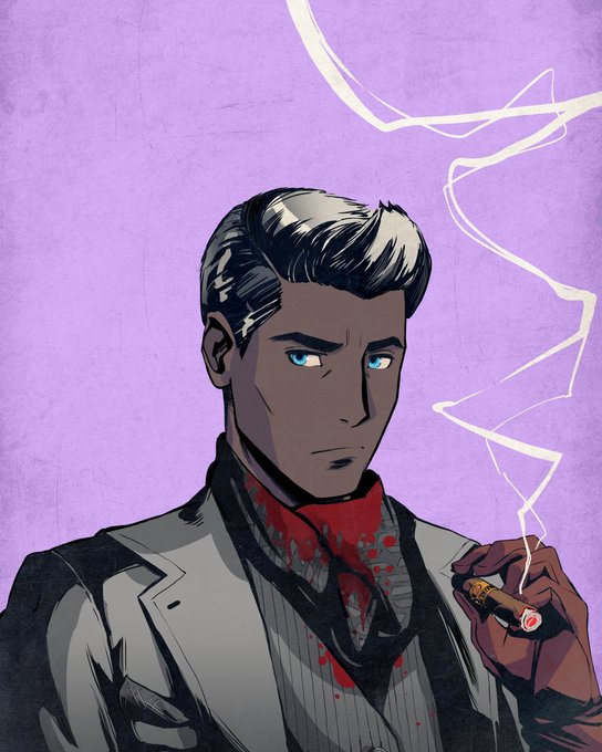 A stylish illustrated man in a white suit with a blood-stained red ascot smokes a cigar against a purple backdrop, with smoke curling upward. The character represents Mad Lads #9091, an NFT that sold for ◎7.74 on Magic Eden.