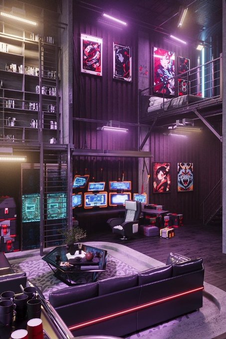 A cyberpunk-style loft interior with neon purple lighting, featuring anime posters, multiple monitors displaying data, and a black sectional sofa with a glass coffee table.