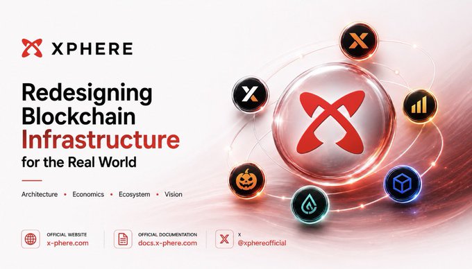A promotional graphic for Xphere blockchain platform with the tagline 'Redesigning Blockchain Infrastructure for the Real World' and links to x-phere.com.