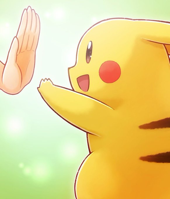 Pikachu gives an enthusiastic high-five, perfectly matching the cheerful "GM frens" greeting. The bright, sparkly green background and Pikachu's excited expression capture the upbeat, friendly vibe of the morning greeting.