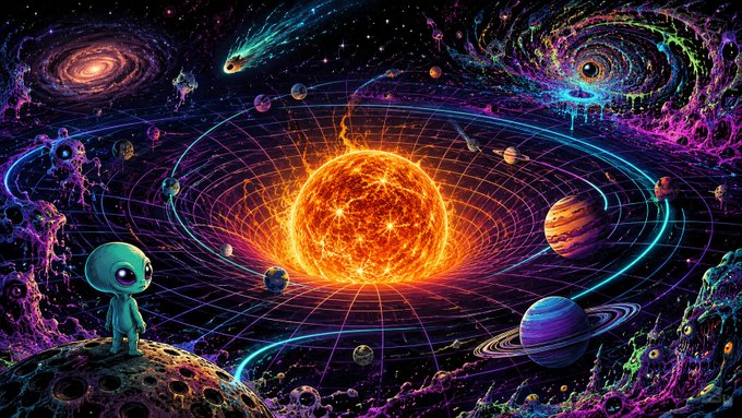 A vibrant, psychedelic space scene depicts an alien standing on a moon, with a glowing sun, planets, galaxies, and swirling cosmic patterns in neon colors.