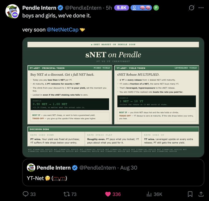 A tweet from Pendle Intern (@PendleIntern) announcing "$NET MARKET ON PENDLE SOON" with a detailed sNET on Pendle cheatsheet comparing PT-sNET (0.90 NET → 1.00 NET fixed yield) versus YT-sNET (1 NET → 10 YT leveraged yield), related to a Pendle x NetNet ($NET) collaboration.