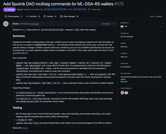 A GitHub pull request titled 'Add Sputnik DAO multisig commands for ML-DSA-65 wallets #172' by user 'illuzen', detailing new commands like 'dao propose-transfer', 'dao vote', and 'dao proposal' for a NEAR-multisig DAO treasury.