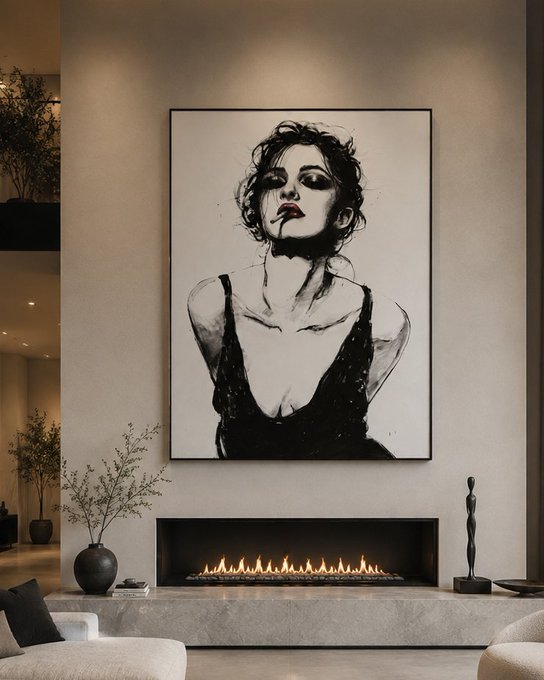 Interior decor featuring a large black and white charcoal-style portrait of a woman hung above a modern linear fireplace.