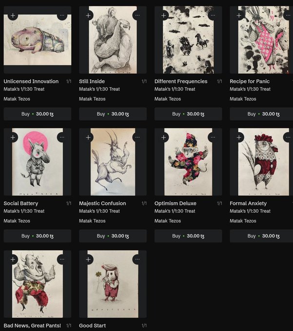 The image displays an advertisement for Mataks, a website offering art prints from various artists. It showcases several drawings of animals such as a cat, horse, pig, lion, sheep, dog, and fish along with other styles. The paintings are priced at $10 or less each, making them accessible to art lovers. The post highlights the diverse range of artwork available for sale on Mataks, inviting viewers to explore these artistic creations.