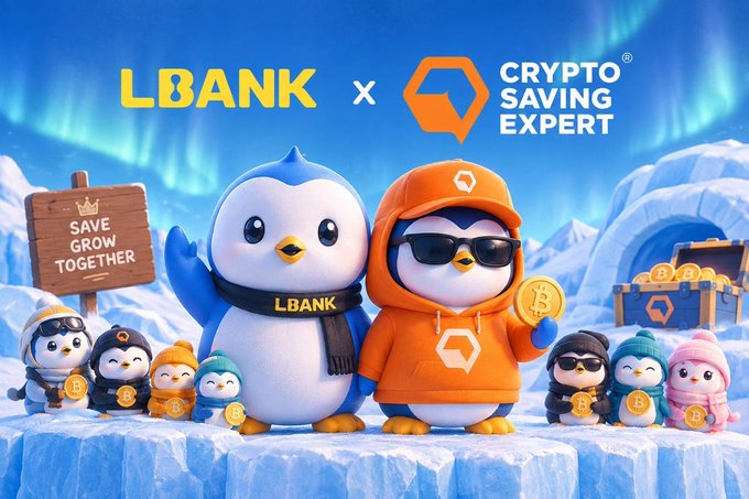 A promotional graphic for "LBANK x CRYPTO SAVING EXPERT" featuring cartoon penguins in winter clothing, with one wearing an orange hoodie and holding a Bitcoin.