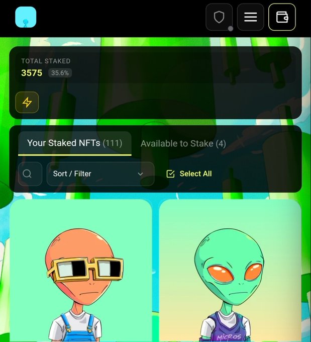 A mobile app screen showing NFT staking information with 'TOTAL STAKED 3575 35.6%', tabs for 'Your Staked NFTs (111)' and 'Available to Stake (4)', featuring cartoon characters including a person with glasses and a green alien labeled 'MICRO'.