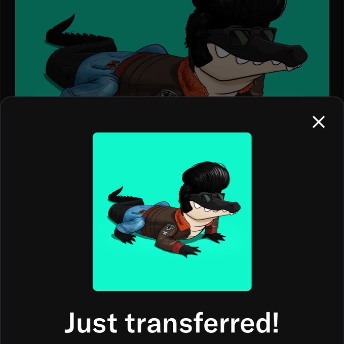 A crypto transfer notification showing a cartoon crocodile character with sunglasses and a pompadour on a teal background, captioned 'Just transferred!'.
