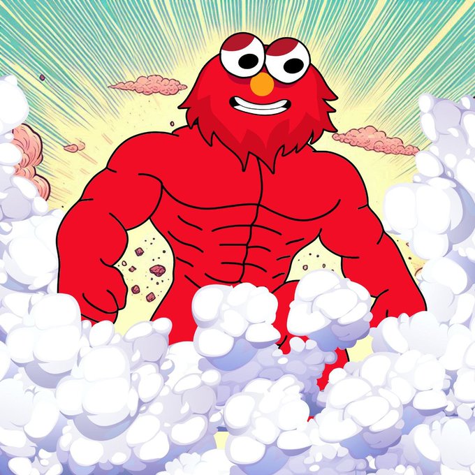 A cartoon illustration of a muscular red Elmo-like character with big eyes and an orange nose, smiling while surrounded by white clouds against a colorful radiating background.