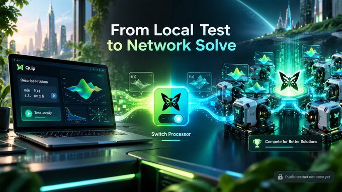 A promotional graphic titled 'From Local Test to Network Solve' features a laptop displaying the Quip interface, a butterfly logo, and processors, highlighting a public testnet launch.
