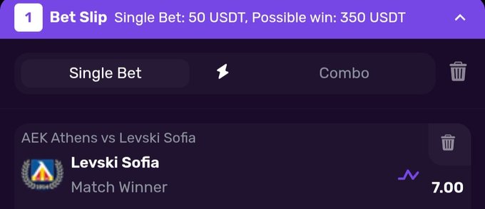 A betting slip interface showing a single bet of 50 USDT with a possible win of 350 USDT, wagered on Levski Sofia to win their match against AEK Athens at 7.00 odds.