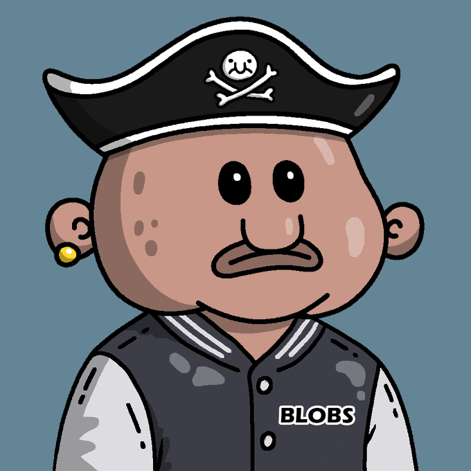A cartoon illustration of a pirate-like character wearing a black tricorn hat with a skull-and-crossbones emblem, a gold earring, and a varsity jacket labeled 'BLOBS.'
