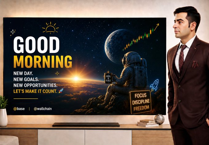 A man in a brown suit standing beside a TV displaying a 'GOOD MORNING' motivational graphic with text 'NEW DAY. NEW GOALS. NEW OPPORTUNITIES. LET'S MAKE IT COUNT.' alongside an astronaut, moon, and stock chart.