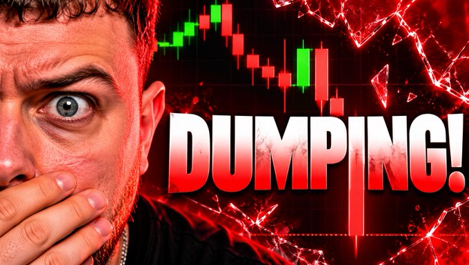 A shocked man covers his mouth while the bold red text "DUMPING!" dominates the right side of the image alongside a crashing candlestick chart and shattered glass effects, visually conveying panic over a Bitcoin price crash.