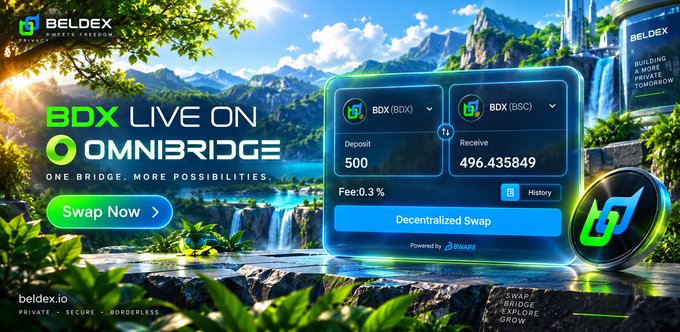 A promotional banner for 'BELDEX BDX' token live on OMNIBRIDGE, advertising decentralized swap functionality with a deposit of 500 BDX (BDX) and showing fees of 0.3%.