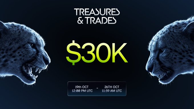 A sleek promotional banner for 'TREASURE & TRADES' announcing a $30K prize pool, featuring two snarling snow leopard heads facing each other against a dark background, with event dates '19th OCT 12:00 PM UTC - 26TH OCT 11:59 AM UTC'.
