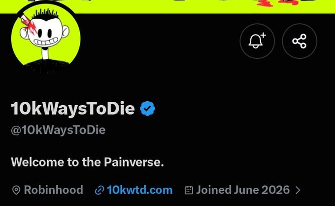 A Twitter profile for "10kWaysToDie" (@10kWaysToDie), featuring a green cartoon character with stitched-up head and sharp teeth, displaying the bio "Welcome to the Painverse" with location listed as Robinhood and website 10kwtd.com. The macabre branding and "Painverse" tagline align with the post's playful nod to the edgy NFT project, despite the dark theme of its name.
