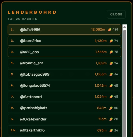 A leaderboard titled 'LEADERBOARD - TOP 20 RABBITS' displaying top usernames like '@lulis9986' (12,082m) through '@itskarthik16' (693m) with carrot icons next to their scores.