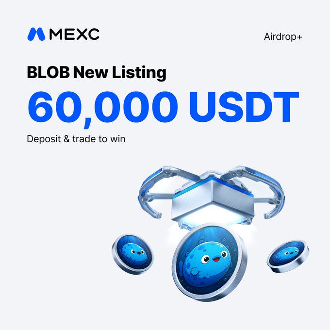 A MEXC promotional graphic announcing a new BLOB token listing, featuring a 3D-rendered blue mascot character emerging from a futuristic capsule, with bold text highlighting the "60,000 USDT" Airdrop+ prize pool for users who deposit and trade $BLOB/USDT.