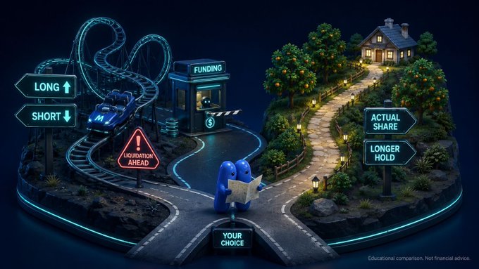 A 3D financial educational graphic showing a fork in the road with signs for 'LONG', 'SHORT', 'ACTUAL SHARE', and 'LONGER HOLD', comparing a roller coaster to a peaceful house, with a 'YOUR CHOICE' sign in the center.