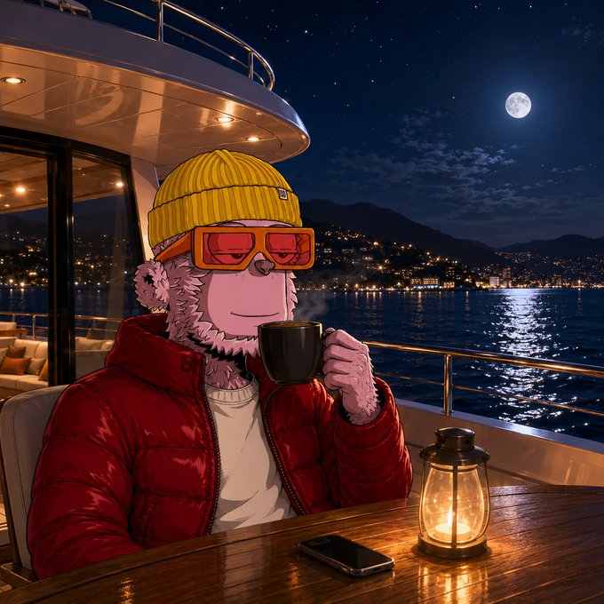 A cartoon anthropomorphic figure in a yellow beanie, orange-tinted glasses, and a puffy red jacket sits aboard a moonlit yacht, sipping from a steaming mug beside an old-fashioned oil lantern. The serene nighttime harbor backdrop—with twinkling coastal lights and a full moon—perfectly matches the laid-back "Good nigh fam" vibe of a cozy evening on the water.