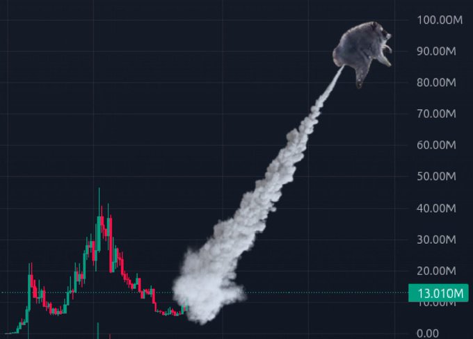 A humorous meme image showing a chart with a candlestick pattern that appears to be on a strong upward trajectory, featuring an edited image of a rat (likely "Jimothy") riding a rocket's smoke trail reaching toward the 100.00M mark on the y-axis. The current value displayed is 13.010M, visually emphasizing the poster's claim that "$Jimothy" will surge 100x "in no time."