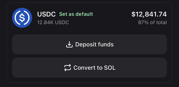 The image displays a crypto wallet interface showing a USDC balance of $12,841.74 (12.84K USDC), representing 87% of the user's total holdings, with options to "Deposit funds" or "Convert to SOL."

The image relates to the post by illustrating a trader's USDC holdings on what appears to be the Solana-based platform pump.fun, possibly highlighting that despite accumulating significant five-figure profits, the user has not yet been verified on the platform.
