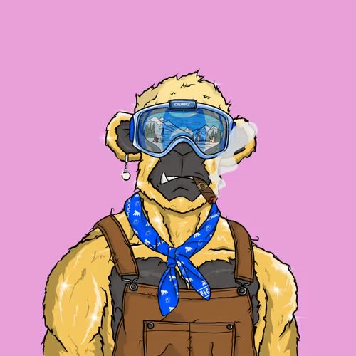 An illustration of a yellow ape-like character wearing blue ski goggles reflecting mountains, a blue bandana with white stars, and brown overalls, with a cigar in its mouth emitting smoke, set against a pink background.