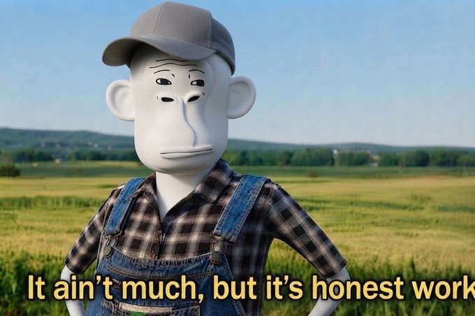 A cartoon farmer in overalls and a cap stands in a field with the caption "It ain't much, but it's honest work," paying tribute to farmers and the value of their hard, humble labor.