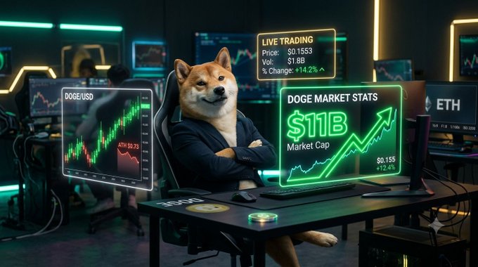 An AI-generated image of a Shiba Inu dog dressed in business attire at a trading desk, surrounded by screens displaying DOGE/USD charts, ETH data, and 'LIVE TRADING' with a $11B Market Cap stat.