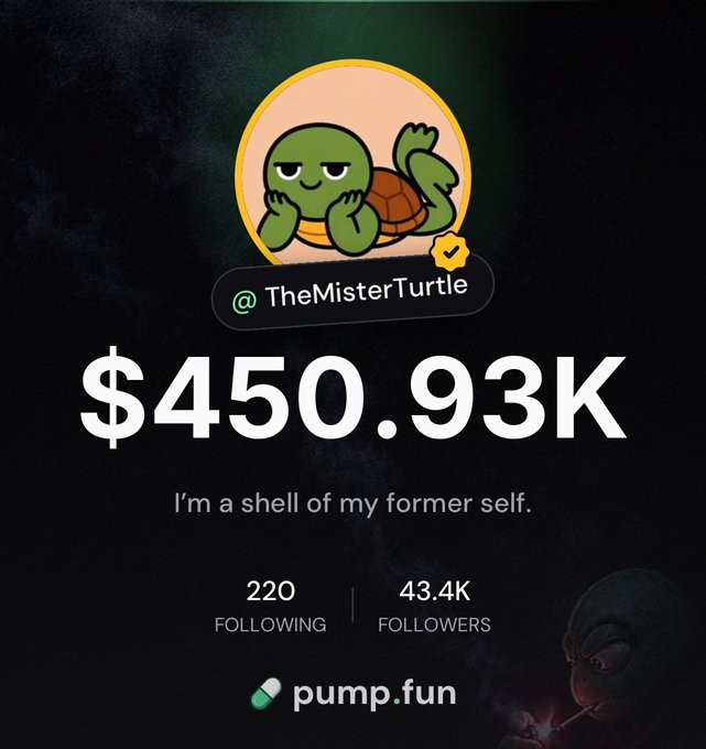 The image displays a Pump.fun profile for "@TheMisterTurtle" featuring a cartoon turtle mascot, showing a balance of $450.93K with 43.4K followers and 220 following, alongside the caption "I'm a shell of my former self." It visually represents the "$1,500 into $450,000" gain, likely showcasing a successful crypto trading transformation tied to the turtle-themed meme token.