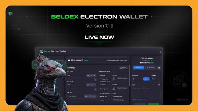 A promotional graphic for the 'BELDEX ELECTRON WALLET Version 7.1.0' marked 'LIVE NOW,' showing a screenshot of the wallet interface with an eagle mascot in armor.