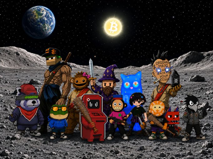 A digital illustration showing various cartoon-style NFT characters standing on a lunar landscape with Earth and a Bitcoin-shaped sun in the background.