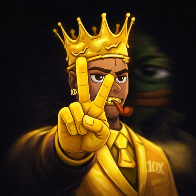 A cartoon king wearing a golden crown and "10X" branded apparel makes a peace sign while biting a cigar, with a shadowy figure in the background. The "10X" branding and confident, victorious pose tie into the post's motivational call to "win today" with a bullish, king-like mindset.