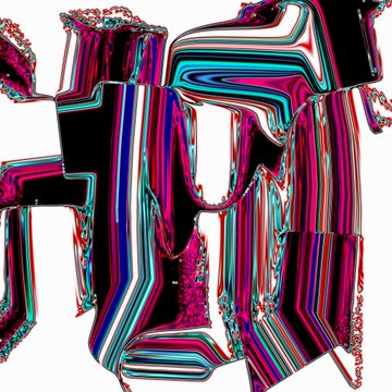 Abstract digital glitch art with warped magenta, cyan, black, and white stripes creating distorted geometric forms on a white background.