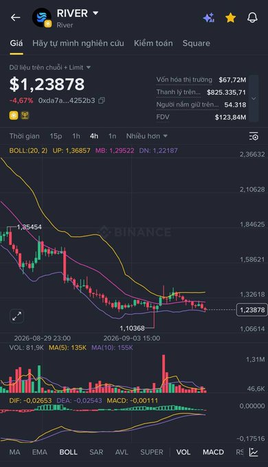 A cryptocurrency trading chart from Binance showing the "RIVER" token, with the current price at $1.23878 and a 4.67% decrease.