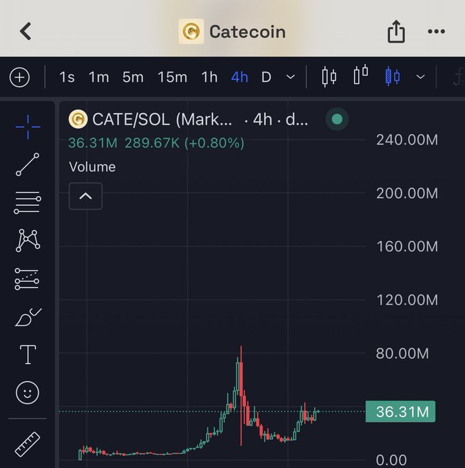 A 4-hour candlestick chart of CATE/SOL on TradingView showing CATEcoin with a current volume of 36.31M and a price of 289.67K (+0.80%), supporting the post's claim of an upcoming ATH as the chart displays a consolidation pattern near recent highs with declining volume after a sharp rally peak near 80.00M.
