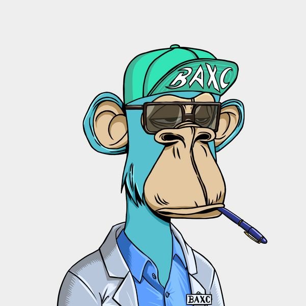 A cartoon illustration of a blue-furred monkey character wearing a green 'BAXC' cap, black sunglasses, a white doctor's coat, and holding a pen in its mouth, labeled 'BAXC'.