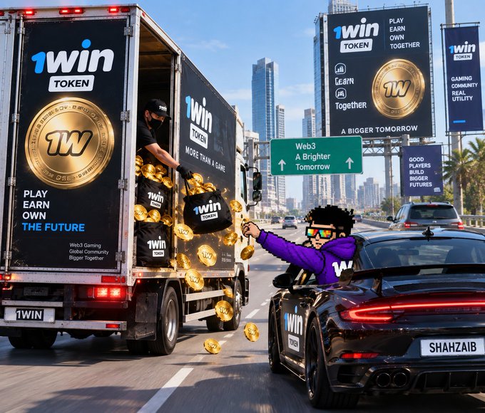 An advertisement scene showing a delivery truck branded with '1win TOKEN' ('PLAY EARN OWN THE FUTURE') with gold coins spilling out, while a figure in a purple jacket leans out of a black sports car on a highway, with billboards promoting '1win' and 'Web3 A Brighter Tomorrow' in the background.