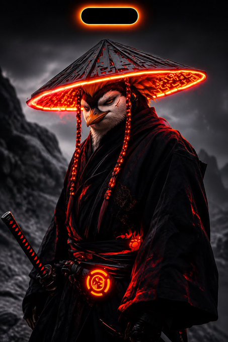 An anthropomorphic owl character dressed as a samurai in black robes wears a glowing orange-rimmed straw hat, with a halo floating above its head and a katana at its side.