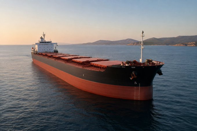 A large black and red cargo ship with the number "5" on its bow sails through calm waters at sunset, illustrating Ethra's mission to tokenize the maritime shipping industry rather than traditional financial assets like stocks or bonds.
