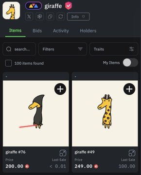 A mobile marketplace interface for 'giraffe' NFTs showing two cartoon giraffe items priced at 200.00 and 249.00, with '100 items found' displayed at the top.