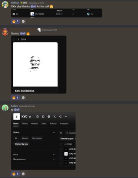A Discord chat screenshot shows user "dazed [0x]" sharing an image labeled "R/YC 60CBD03A," followed by botKid submitting an NFT listing for "R/YC" with a "General tag price" of #0.0213, illustrating a successful NFT trade call from the user's perspective.