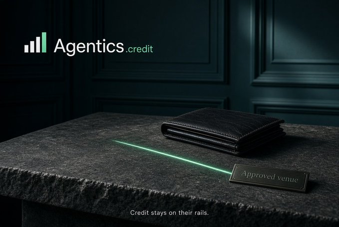 A promotional advertisement for 'Agentics.credit' showing a black leather wallet on a dark surface with a green laser line pointing to an 'Approved venue' tag, featuring the tagline 'Credit stays on their rails.'