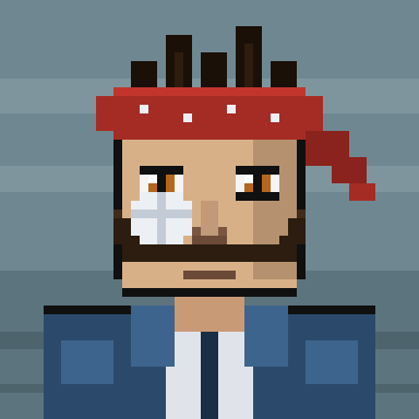 A pixel art character with a red bandana and dreadlocks wearing a blue shirt against a striped background.